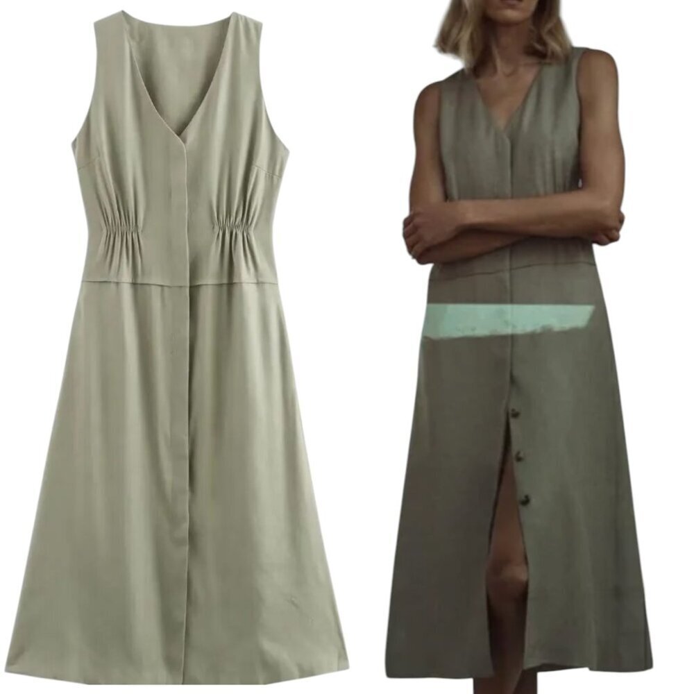 Zara ZW Collection Linen Sleeveless Elastic Waistline Button Front Midi Dress Ol - Picture 1 of 9